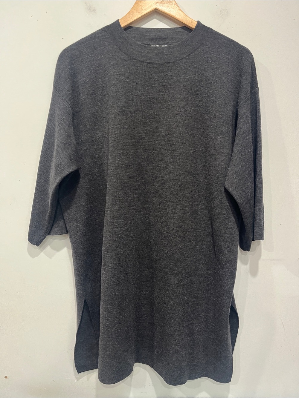 Eileen Fisher Charcoal Gray 3/4 Sleeve Merino wool knit sweater Oversized S/M